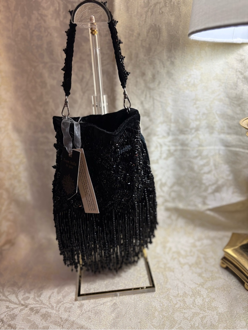 Elegant Black Velvet Beaded Fringe Evening Bag NWT